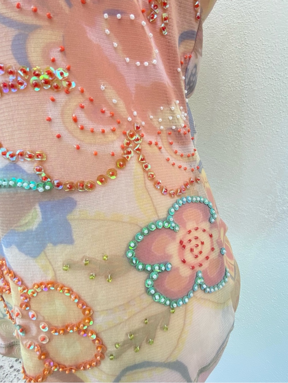 Y2K Orange Multicolor Beaded Floral Mesh Top Size Large - Picture 5 of 7